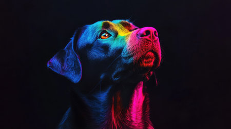 A dog gazes upward, surrounded by neon watercolor highlights in electric blue and radiant pink. The dark background enhances the vivid colors, creating a striking visual impact.の素材