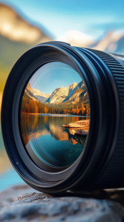 A detailed close-up of a camera lens reveals an impressive mountain landscape reflected in the glass. The serene lake and autumn foliage create a captivating visual experience.の素材