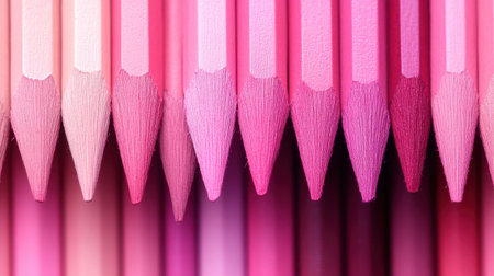 Colorful pencil strokes are arranged in a gradient, showing a seamless transition from soft pastel pink to deep vibrant magenta. The striking visual captures artistic creativity and color blending.の素材