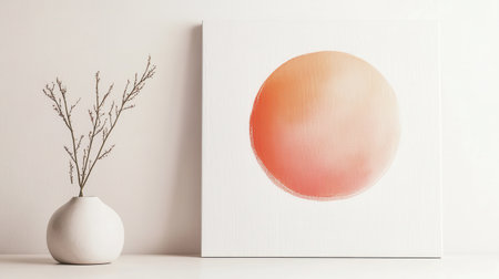 A soft pink orb is painted on a minimalist white canvas, complementing a simple vase holding a slender branch. The calm design enhances a peaceful atmosphere in the room.の素材