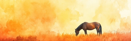 A serene horse grazes in a field filled with tall golden grass as warm hues of orange and yellow blend in the watercolor background, capturing a tranquil outdoor moment at sunset.の素材