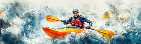 A kayaker navigates through rapid waters, showcasing skill and excitement. The scene is enhanced by a colorful watercolor background, capturing the energy of the moment.の素材