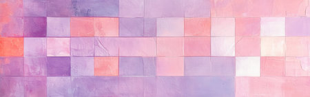 A calming arrangement of soft pastel lavender and coral grid fragments showcases a tranquil color palette. Ideal for contemporary decor, this design evokes serenity and warmth.の素材