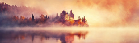A majestic castle rises above a calm lake, surrounded by trees in vibrant autumn colors. The scene is enveloped in a soft fog as the sun sets, creating a magical atmosphere.の素材