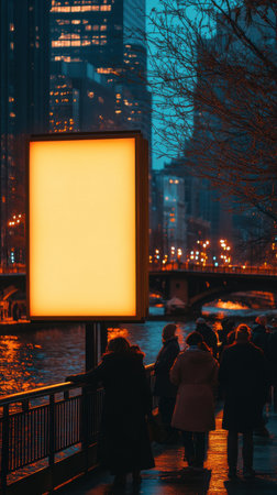 A minimalist setting showcases individuals walking along a riverside promenade at dusk. The bright orange sign illuminates the peaceful atmosphere while city lights twinkle in the background.の素材