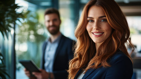 Professionals in a contemporary office environment collaborate and communicate. One individual smiles confidently while the other focuses on a tablet, showcasing teamwork and modern design elements.の素材