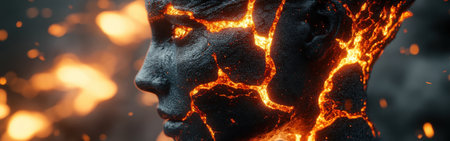 A captivating visual of a face fused with lava, highlighting intricate cracks and glowing patterns. This artwork embodies the dynamic interplay between humanity and nature.の素材