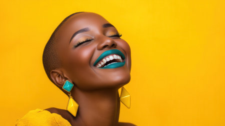 A woman with a radiant smile showcases her joy against a bright yellow background. Her bold makeup and accessories enhance the lively atmosphere, inviting happiness.の素材