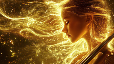 A woman with long, flowing hair is captured in profile, surrounded by a warm, golden glow as she plays a violin. This serene moment evokes feelings of peace and creativity during dusk.の素材
