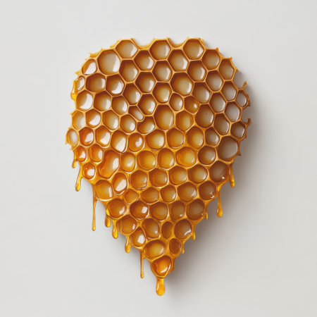 Honeycomb glistens under soft light as golden honey drips slowly from its hexagonal structure, showing the beauty of nature's creation in a serene atmosphere.の素材