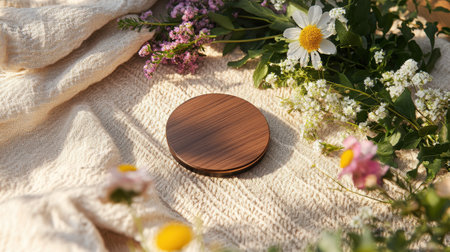 A wireless charger with a wood finish rests elegantly on light textured fabric, accompanied by vibrant wildflowers that add a touch of nature and color. Sunlight enhances the serene atmosphere.の素材