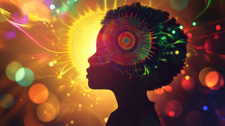 A child stands with a serene expression, glowing and surrounded by colorful, swirling patterns. The background features warm tones, creating a magical atmosphere at dusk.の素材