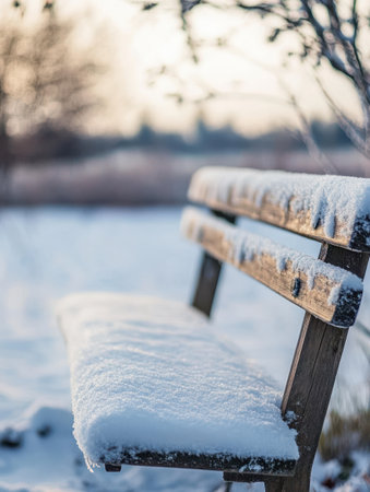 A close-up view of a wooden bench blanketed in fresh snow, set in a serene winter landscape. The soft snow highlights the peacefulness of the scene, suggesting calm and solitude.の素材