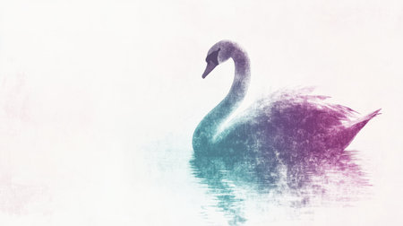A minimalist silhouette of a swan is depicted in pencil, showing its elegant form as it glides over a calm water surface during sunset. The soft colors create a serene atmosphere.の素材