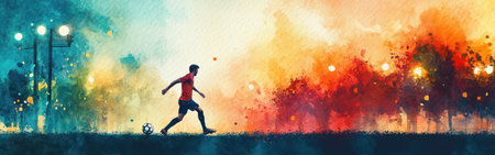 Capturing the essence of movement, the artwork shows a soccer player skillfully dribbling a ball on a lively field.の素材