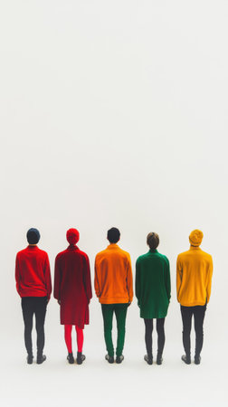 Five individuals dressed in bold, colorful outfits face away from the viewer against a plain white background, creating a striking visual contrast and minimalist aesthetic.の素材