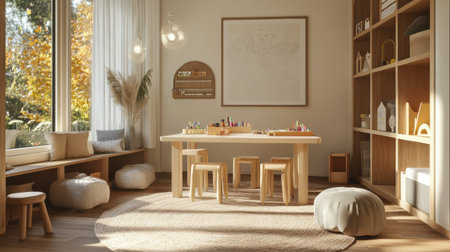 This playroom features a spacious design with modular furniture, promoting creativity with art supplies on a table and comfortable seating arrangements for kids.の素材
