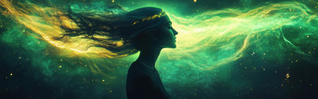 A woman is illustrated with a luminous aura, her flowing hair merging with vibrant cosmic elements in a dreamlike setting, evoking a sense of enchantment and wonder.の素材