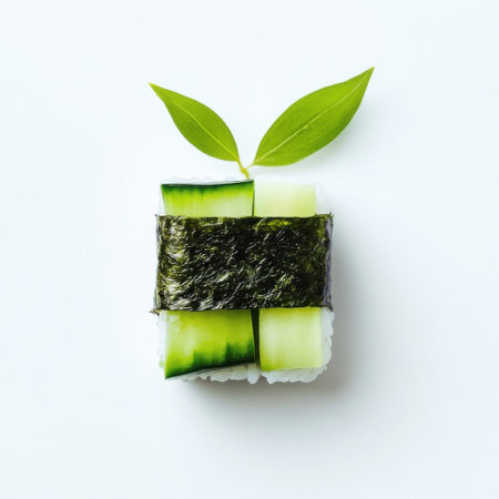 A single sushi roll made with fresh cucumber and rice, wrapped in seaweed, garnished with green leaves, showing a visually appealing culinary creation perfect for a healthy snack.の素材