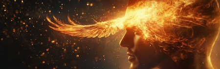 A man's profile is depicted with fiery elements emanating from his head, symbolizing passion and creativity.の素材