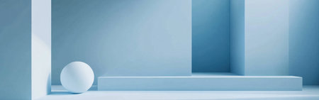 A serene environment showcases smooth geometric forms in soft pastel blue tones, including a prominent sphere positioned beside layered structures, creating a tranquil atmosphere.の素材