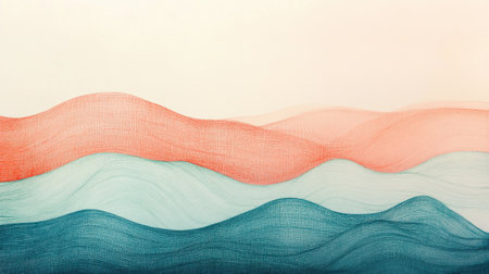 Soft pencil strokes create a gradient of warm and cool colors, blending seamlessly in an abstract wave-like pattern. This minimalist artwork evokes a serene and calming atmosphere.の素材