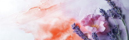 Soft coral strokes blend gracefully on the canvas, adorned by tender pink flowers and wispy lavender, evoking a serene and harmonious ambiance in natural light.の素材