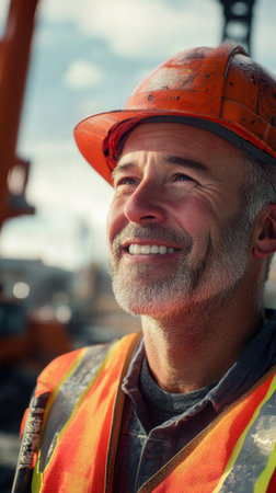 A construction worker stands confidently at a busy site, wearing a bright orange hard hat and reflective vest. He smiles while looking upwards, embodying a sense of hope and pride.の素材