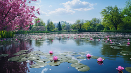 In a peaceful spring setting, a tranquil pond displays an array of lily pads floating on its surface, with delicate pink flowers emerging alongside lush trees and vibrant cherry blossoms.の素材