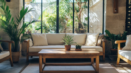 Sunlight filters through large windows, illuminating a cozy living room with wooden furniture, potted plants, and a welcoming atmosphere, ideal for relaxation or casual gatherings.の素材