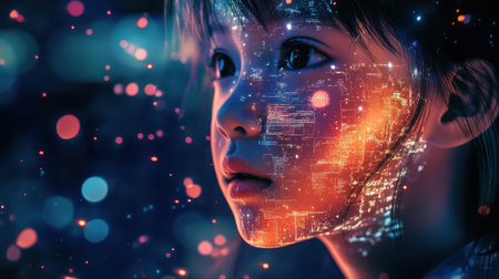 A child's face is intricately blended with glowing digital patterns and colorful lights, portraying a fusion of innocence and technology in an abstract composition, evoking wonder and curiosity.の素材