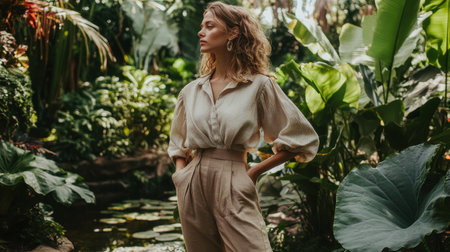 Model showcases an eco-friendly pastel blouse made from algae-based fabric while surrounded by vibrant foliage in a tropical garden. The setting emphasizes sustainability and fashion.の素材