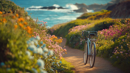 Pedaling peacefully along a scenic coastal trail, surrounded by blooming wildflowers and the calming sound of ocean waves crashing nearby, creates a perfect escape from daily life.の素材