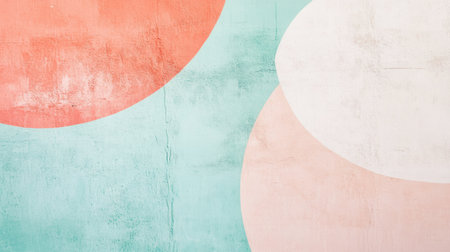 Soft pastel half-circles with minimalist pencil strokes create a serene atmosphere on a textured surface, blending hues of coral, mint, and white to enhance the visual appeal.の素材