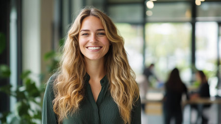 A confident businesswoman with long blonde hair stands in a contemporary office space, smiling brightly. The background shows colleagues engaged in discussions, emphasizing a collaborative atmosphere.の素材