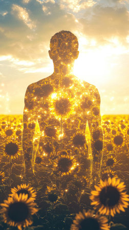 A glowing silhouette of a man stands amidst vibrant sunflower fields under a brilliant summer sky, embodying the spirit of growth and boundless optimism in nature's beauty.の素材