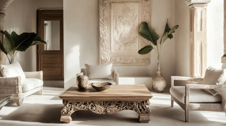 This cozy living space highlights a beautifully carved wooden coffee table surrounded by linen-covered armchairs. The soft neutral color scheme creates a warm and inviting atmosphere.の素材
