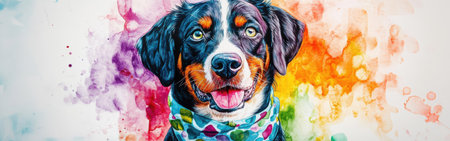 A joyful dog with a vibrant scarf sits against a colorful watercolor backdrop in a creative studio. The lively colors enhance the playful atmosphere and highlight the dog's expression.の素材