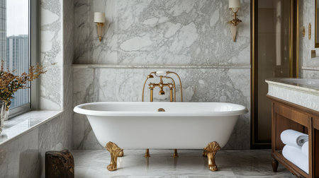 This luxurious bathroom features a freestanding clawfoot tub with elegant gold fixtures, surrounded by stunning marble walls that create a timeless atmosphere, perfect for relaxation.の素材