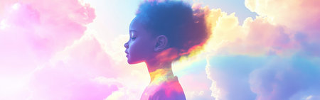 The child stands in profile with a serene expression, enveloped by soft, glowing colors and wispy clouds. This enchanting atmosphere creates a magical feeling evoking wonder and innocence.の素材