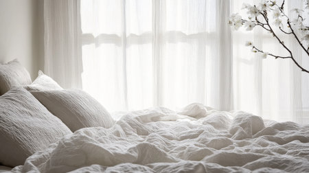 This tranquil bedroom showcases soft white tones, creating a calming ambiance. Textured bedding and sheer curtains add depth and elegance, enhancing the minimalist decor.の素材