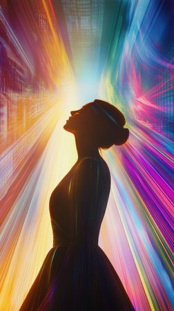 A woman stands in silhouette, glowing against a backdrop of radiant skyscrapers. The architectural lines radiate energy, symbolizing ambition and futuristic progress in a vibrant urban setting.の素材