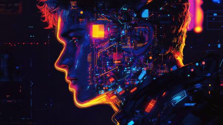 A profile view reveals a man's face intricately filled with shining circuits and vibrant neon colors, symbolizing advanced technology and innovation in a captivating manner.の素材