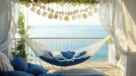 Relaxing on a balcony adorned with large blue cushions and a hammock, overlooking a serene sea view, while seashell garlands sway gently in the breeze.の素材