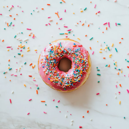 A delightful pink donut covered in an array of colorful sprinkles sits against a plain white background, highlighting its sweetness and playful design. Perfect for mornings or celebrations.の素材