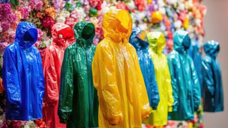 Brightly colored raincoats made from recycled plastic bottles are arranged against a vibrant floral backdrop, emphasizing eco-friendly fashion in a springtime atmosphere.の素材