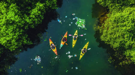 Group of kayakers paddles through a clean river, actively collecting plastic waste in a campaign that combines fitness with environmental conservation.の素材