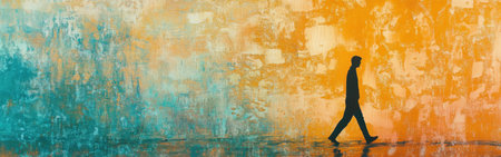 A person walks leisurely in the rain, surrounded by a soft blend of pastel teal and amber colors. The calm atmosphere evokes a tranquil mood during a dusky evening.の素材