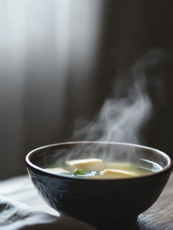 A close-up view of a steaming bowl of miso soup reveals soft tofu cubes and vibrant seaweed floating in a delicate broth. Natural lighting enhances the comforting scene.の素材