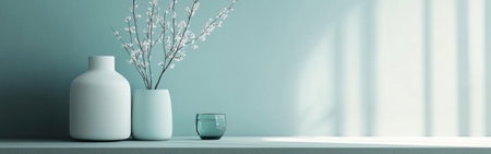 A tranquil arrangement showcasing elegant mint and blue tones in a softly diffused atmosphere. Two simple vases with delicate branches enhance the calming interior style.の素材